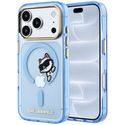 Husa iPhone 18 Pro Karl Lagerfeld IML Peekaboo Print Metal Frame MagSafe, bleu, KLHMP18L6HCPSCB