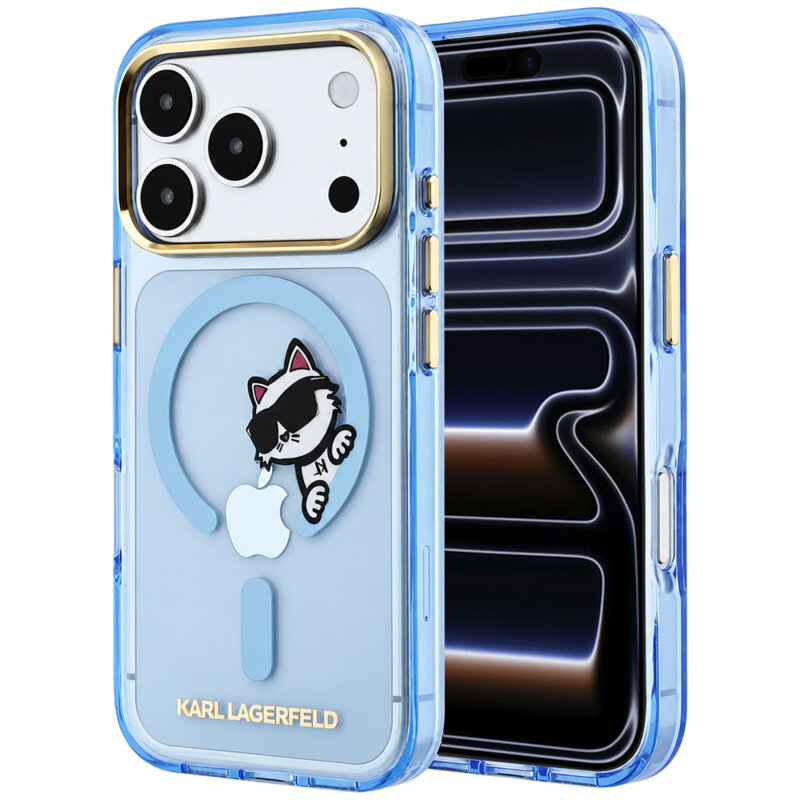 Husa iPhone 17 Pro Karl Lagerfeld IML Peekaboo Print Metal Frame MagSafe, bleu, KLHMP18L6HCPSCB