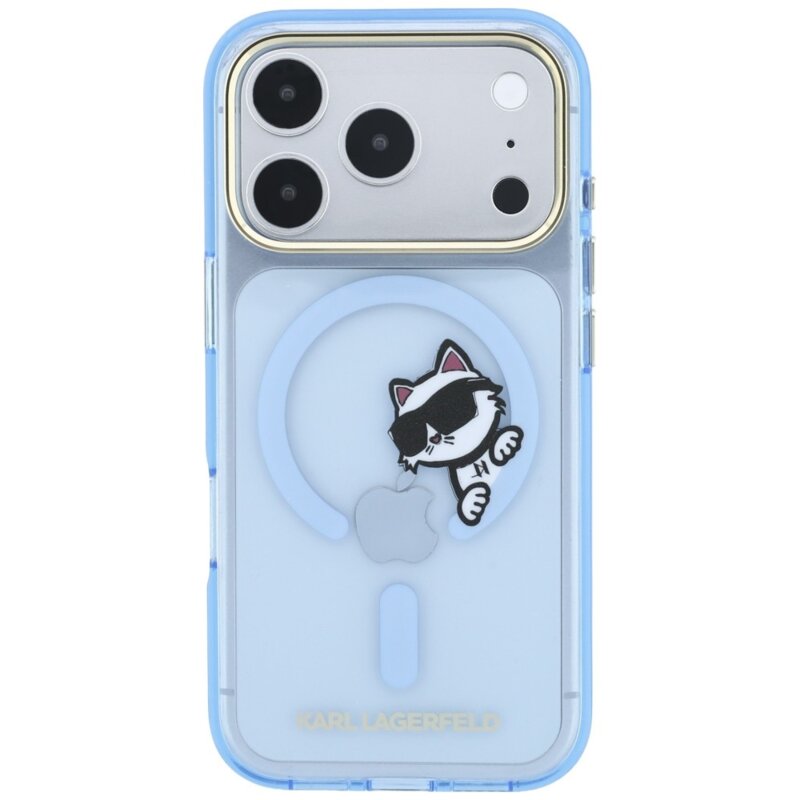 Husa iPhone 17 Pro Karl Lagerfeld IML Peekaboo Print Metal Frame MagSafe, bleu, KLHMP18L6HCPSCB