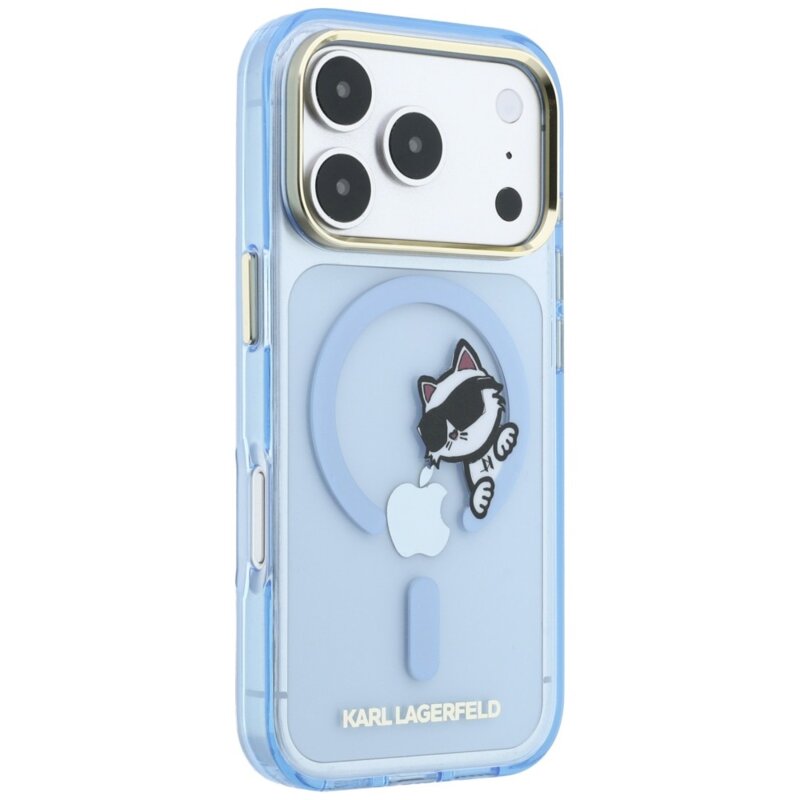 Husa iPhone 17 Pro Karl Lagerfeld IML Peekaboo Print Metal Frame MagSafe, bleu, KLHMP18L6HCPSCB