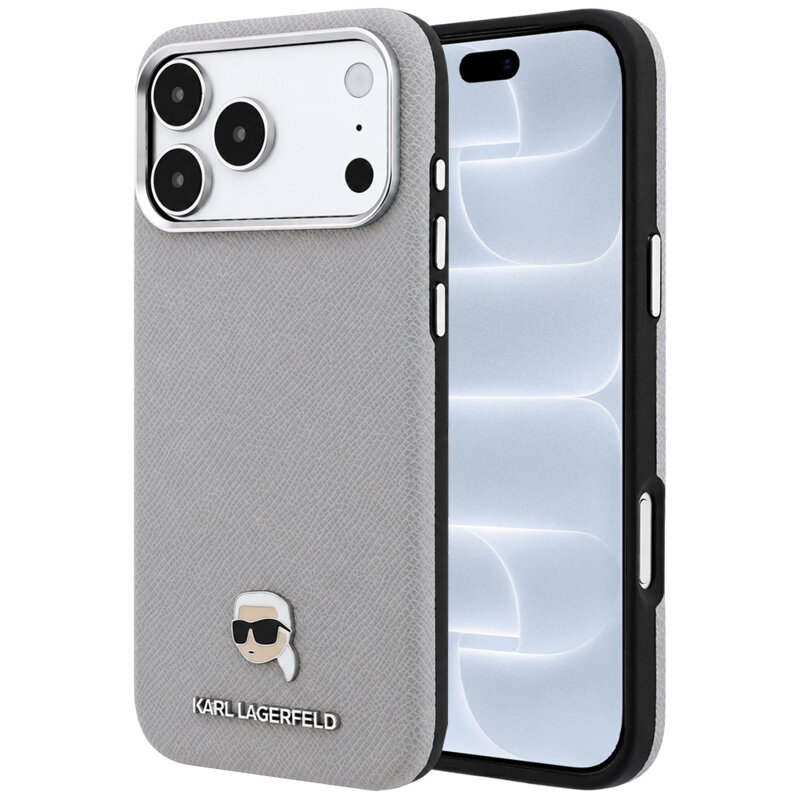 Husa iPhone 18 Pro Karl Lagerfeld Grained Leather KH Metal MagSafe, gri, KLHMP18L6PSKHLG