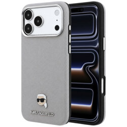 Husa iPhone 17 Pro Karl Lagerfeld Grained Leather KH Metal MagSafe, gri, KLHMP18L6PSKHLG