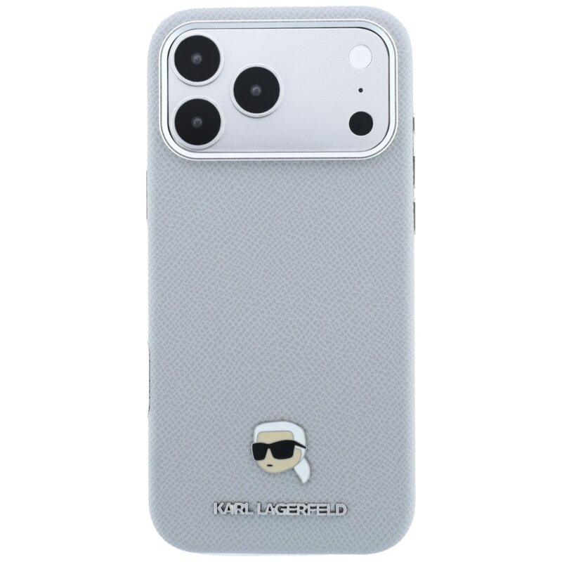 Husa iPhone 17 Pro Karl Lagerfeld Grained Leather KH Metal MagSafe, gri, KLHMP18L6PSKHLG