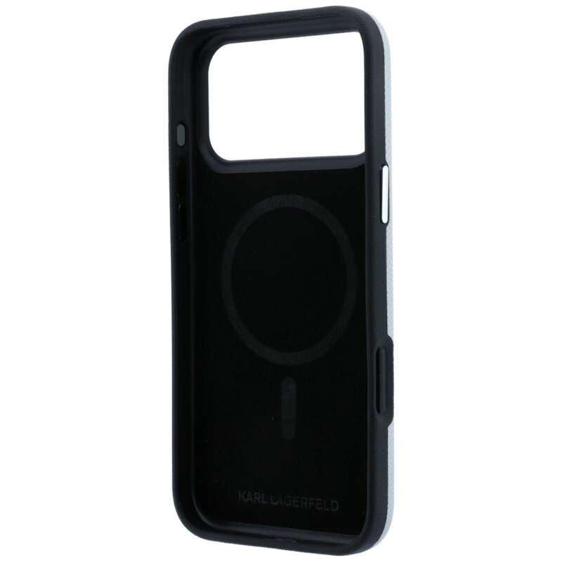 Husa iPhone 17 Pro Karl Lagerfeld Grained Leather KH Metal MagSafe, gri, KLHMP18L6PSKHLG