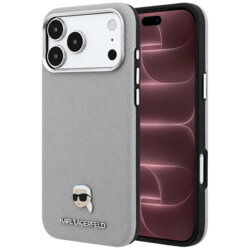 Husa iPhone 18 Pro Max Karl Lagerfeld Grained Leather KH Metal MagSafe, gri, KLHMP18X6PSKHLG
