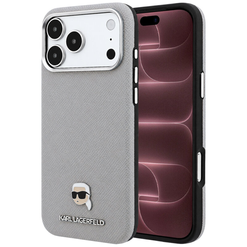 Husa iPhone 18 Pro Max Karl Lagerfeld Grained Leather KH Metal MagSafe, gri, KLHMP18X6PSKHLG
