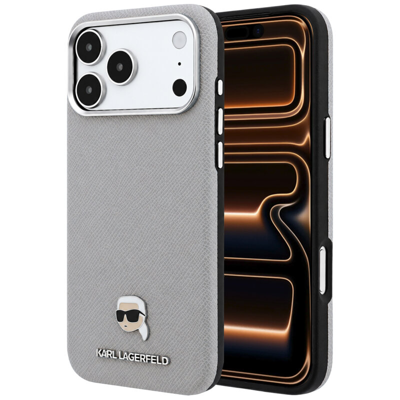 Husa iPhone 17 Pro Max Karl Lagerfeld Grained Leather KH Metal MagSafe, gri, KLHMP18X6PSKHLG