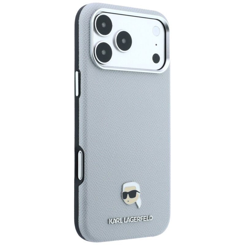 Husa iPhone 17 Pro Max Karl Lagerfeld Grained Leather KH Metal MagSafe, gri, KLHMP18X6PSKHLG