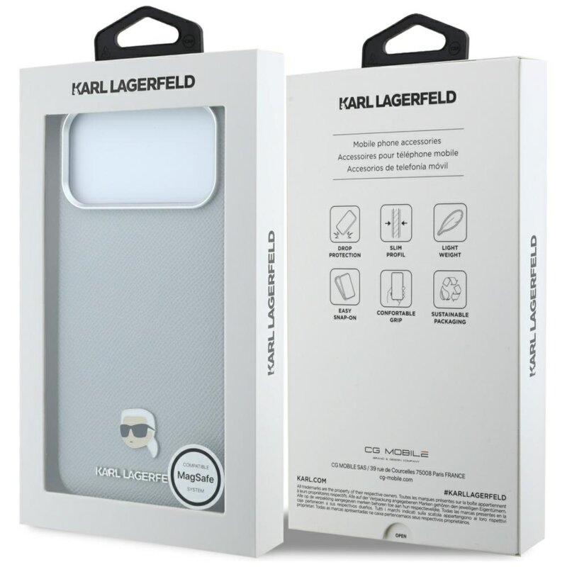 Husa iPhone 17 Pro Max Karl Lagerfeld Grained Leather KH Metal MagSafe, gri, KLHMP18X6PSKHLG