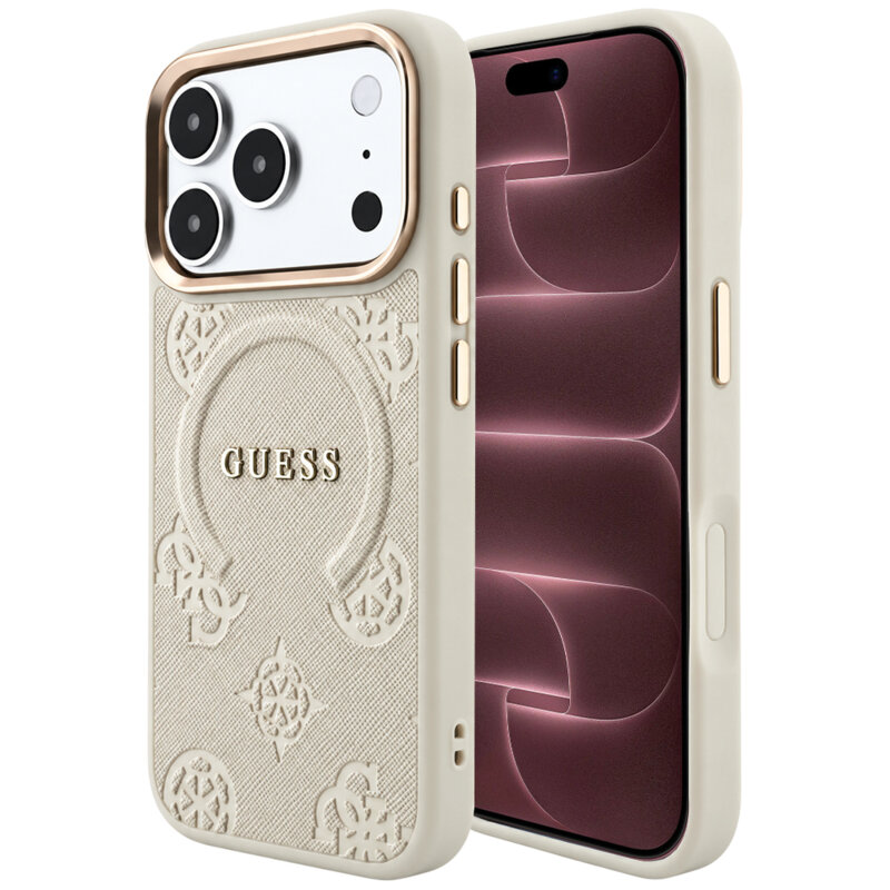 Husa iPhone 18 Pro Max Guess Saffiano Peony & Ring MagSafe, bej, GUHMP18XPSAMSECE