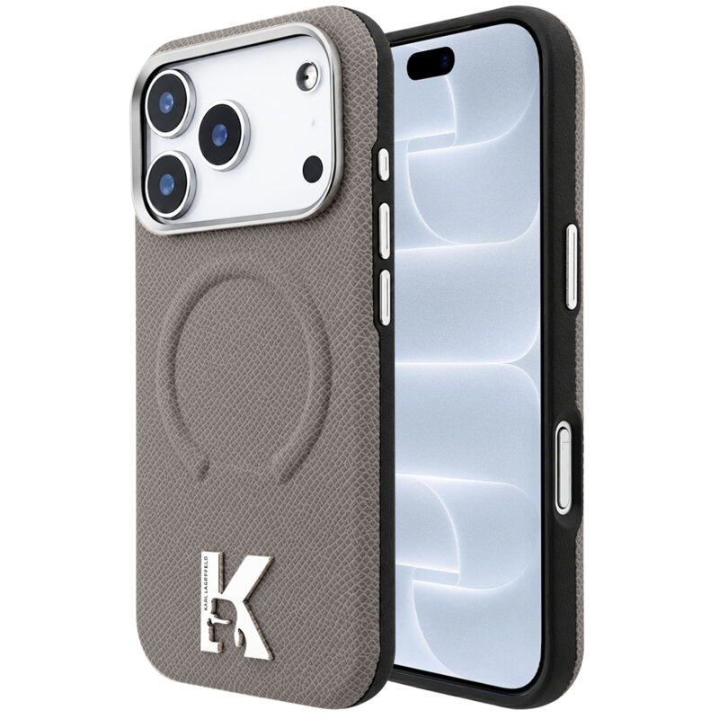Husa iPhone 18 Pro Karl Lagerfeld Grained Leather Embossed Ring MagSafe, bej, KLHMP18L6PWBKECE