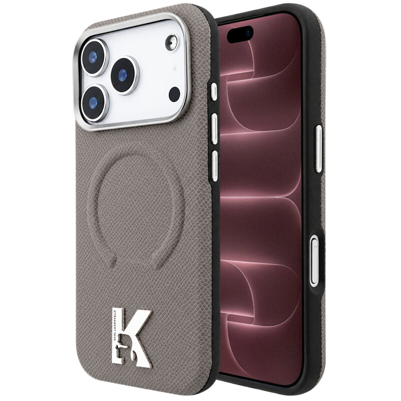Husa iPhone 18 Pro Max Karl Lagerfeld Grained Leather Embossed Ring MagSafe, bej, KLHMP18X6PWBKECE