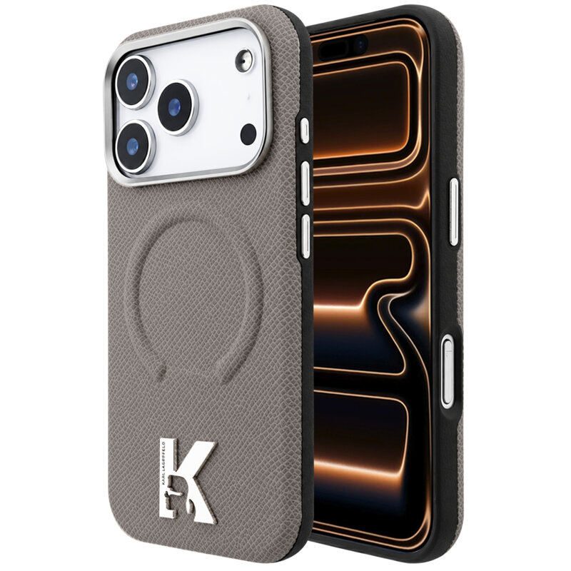 Husa iPhone 17 Pro Max Karl Lagerfeld Grained Leather Embossed Ring MagSafe, bej, KLHMP18X6PWBKECE