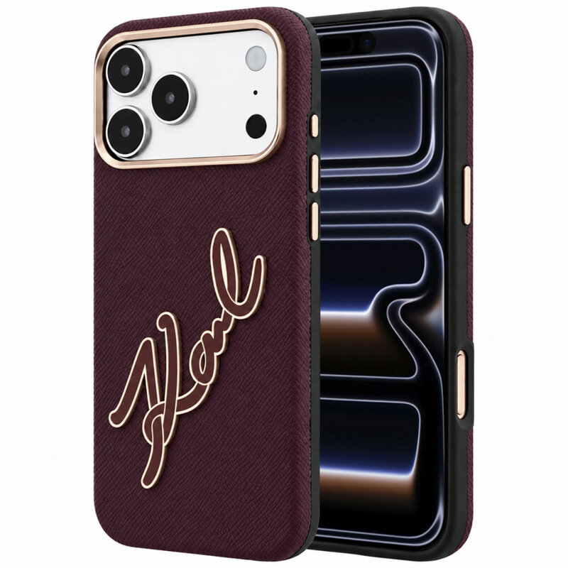 Husa iPhone 17 Pro Karl Lagerfeld Smooth Leather Big Resin Signature Logo, bordo, KLHCP18L6PFCKSRR