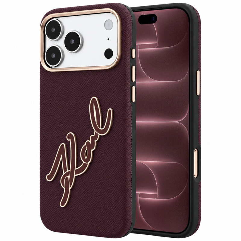 Husa iPhone 18 Pro Max Karl Lagerfeld Smooth Leather Big Resin Signature Logo, bordo, KLHCP18X6PFCKSRR