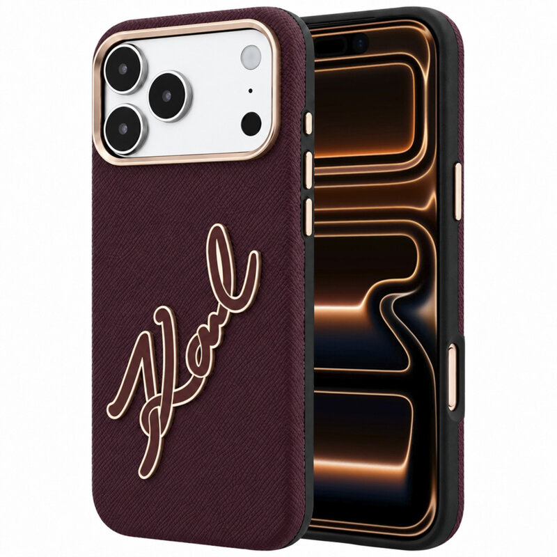 Husa iPhone 17 Pro Max Karl Lagerfeld Smooth Leather Big Resin Signature Logo, bordo, KLHCP18X6PFCKSRR