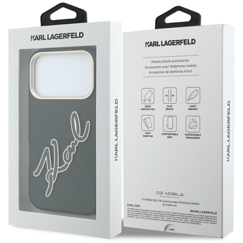Husa iPhone 17 Pro Karl Lagerfeld Smooth Leather Big Resin Signature Logo, negru, KLHCP18L6PFCKSRK