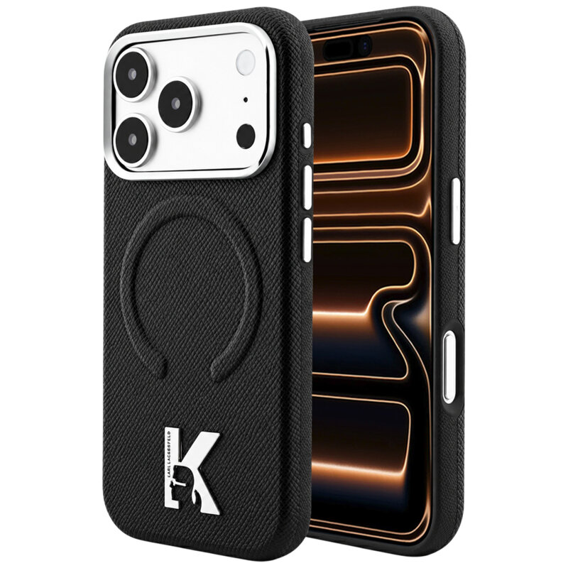 Husa iPhone 17 Pro Max Karl Lagerfeld Grained Leather Embossed Ring MagSafe, negru, KLHMP18X6PWBKECK