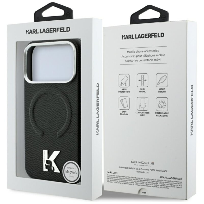Husa iPhone 17 Pro Max Karl Lagerfeld Grained Leather Embossed Ring MagSafe, negru, KLHMP18X6PWBKECK