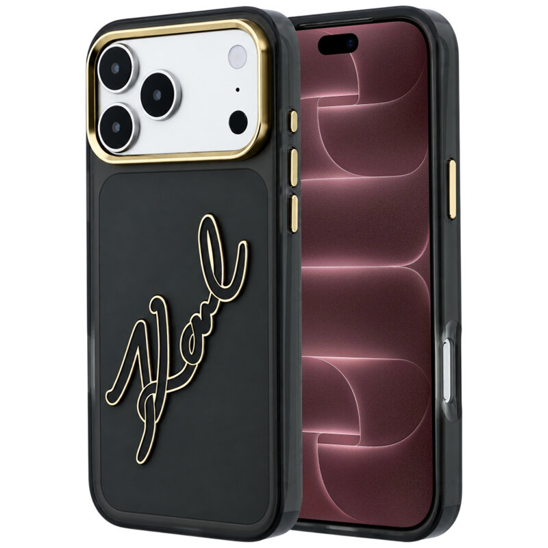 Husa iPhone 18 Pro Max Karl Lagerfeld IML Big Signature Resin Logo Metal Frame, negru, KLHCP18X6HCKSRK