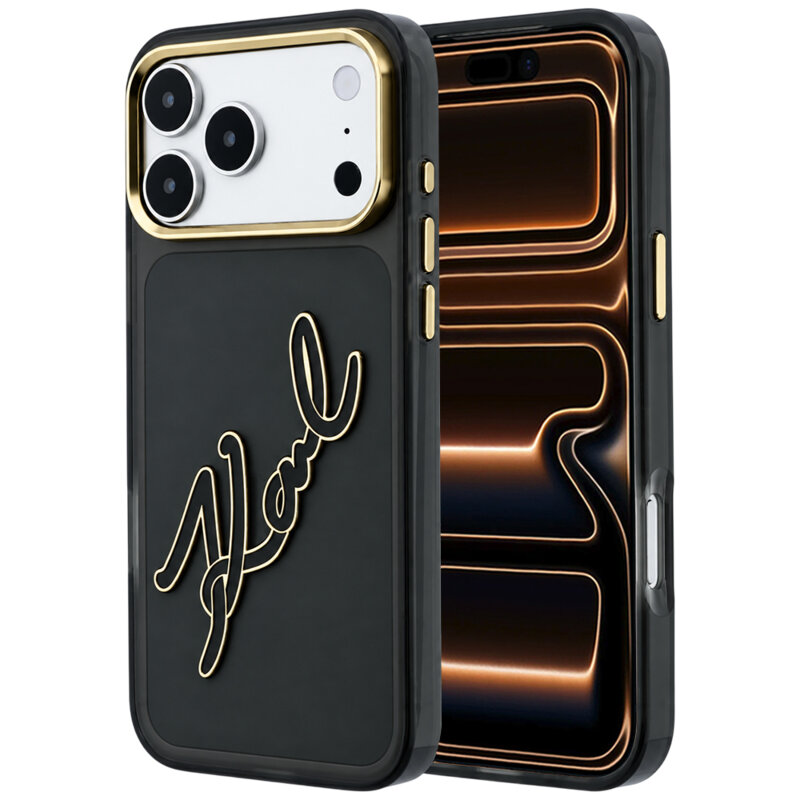 Husa iPhone 17 Pro Max Karl Lagerfeld IML Big Signature Resin Logo Metal Frame, negru, KLHCP18X6HCKSRK