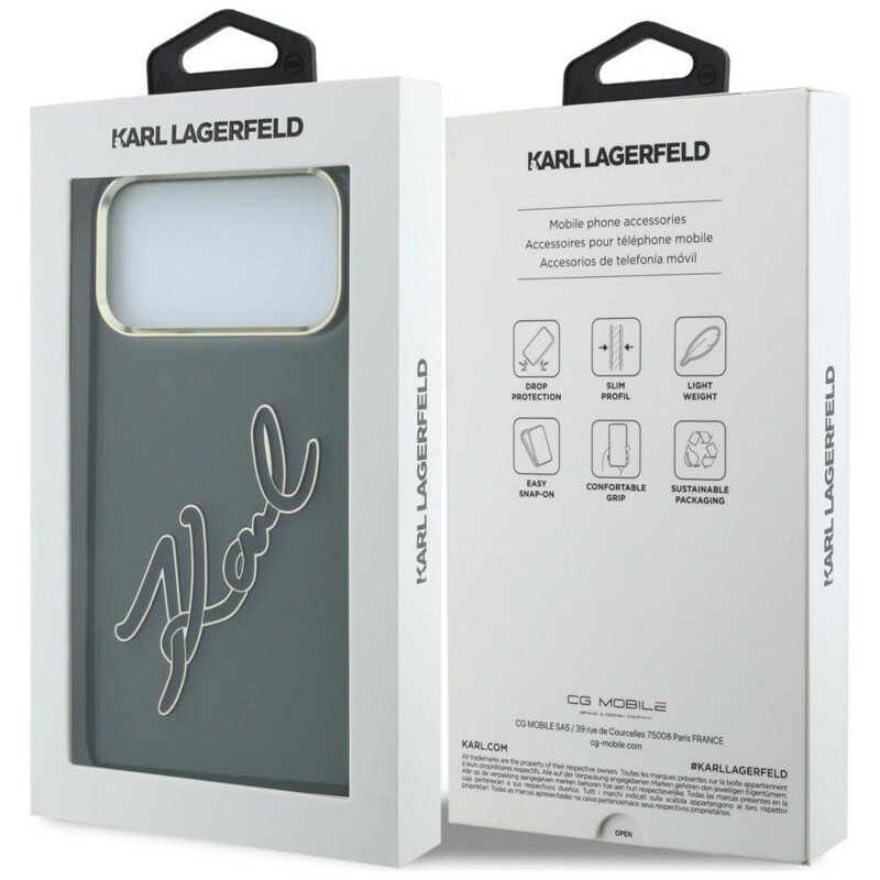 Husa iPhone 17 Pro Max Karl Lagerfeld IML Big Signature Resin Logo Metal Frame, negru, KLHCP18X6HCKSRK