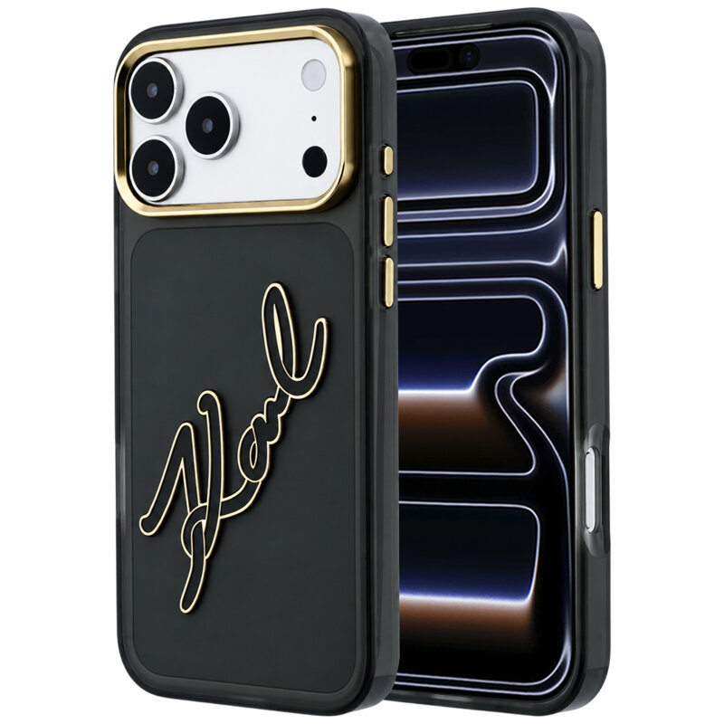 Husa iPhone 17 Pro Karl Lagerfeld IML Big Signature Resin Logo Metal Frame, negru, KLHCP18L6HCKSRK