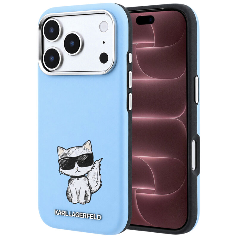 Husa iPhone 18 Pro Max Karl Lagerfeld Smooth Leather Choupette Sketch MagSafe, bleu, KLHMP18X6PWCIKDB