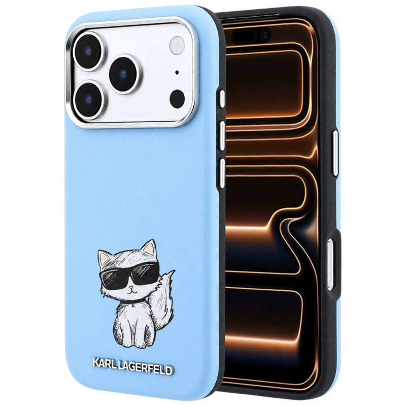 Husa iPhone 17 Pro Max Karl Lagerfeld Smooth Leather Choupette Sketch MagSafe, bleu, KLHMP18X6PWCIKDB