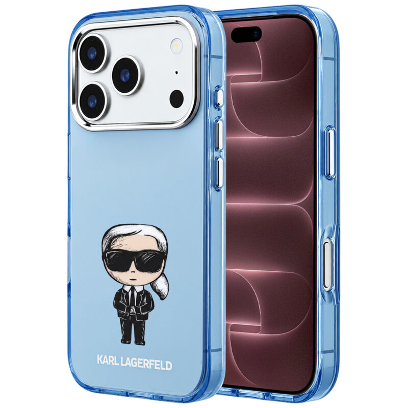 Husa iPhone 18 Pro Max Karl Lagerfeld IML Ikonik Sketch Print MagSafe, bleu, KLHMP18X6HKIKDB