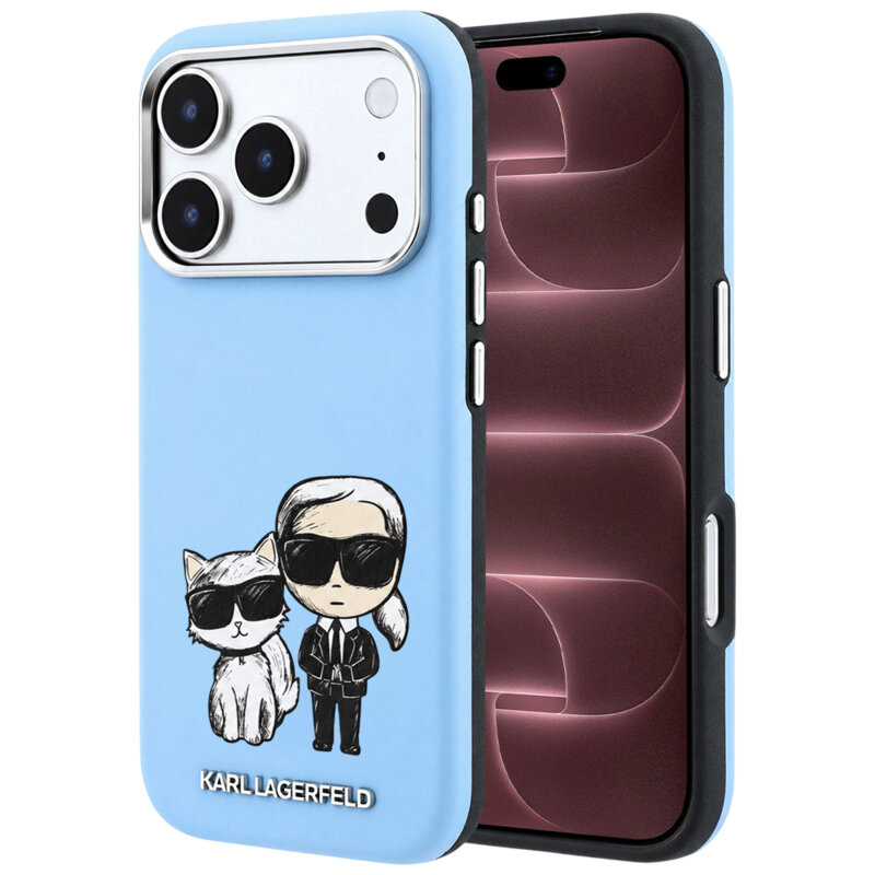 Husa iPhone 18 Pro Max Karl Lagerfeld Smooth Leather KC Bodies Sketch MagSafe, bleu, KLHMP18X6PWKCIDB