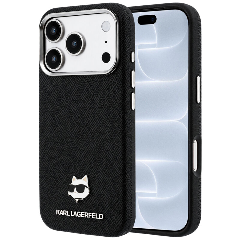 Husa iPhone 18 Pro Karl Lagerfeld Grained Leather KH Metal MagSafe, negru, KLHMP18L6PSKHLK