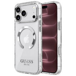 Husa iPhone 18 Pro Max originala Guess Metal Outline MagSafe, argintiu, GUHMP18XHTRMS