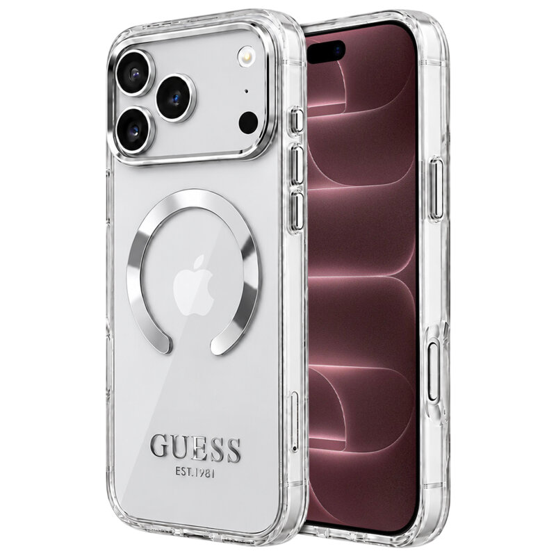 Husa iPhone 18 Pro Max originala Guess Metal Outline MagSafe, argintiu, GUHMP18XHTRMS