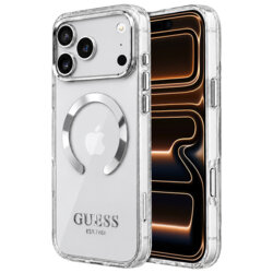 Husa iPhone 17 Pro Max originala Guess Metal Outline MagSafe, argintiu, GUHMP18XHTRMS