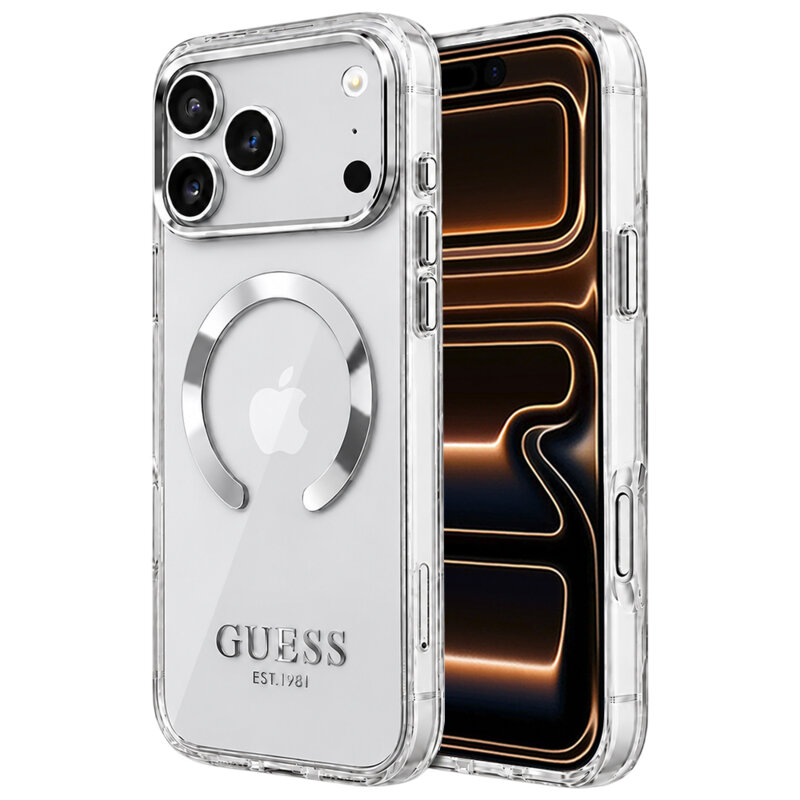 Husa iPhone 17 Pro Max originala Guess Metal Outline MagSafe, argintiu, GUHMP18XHTRMS