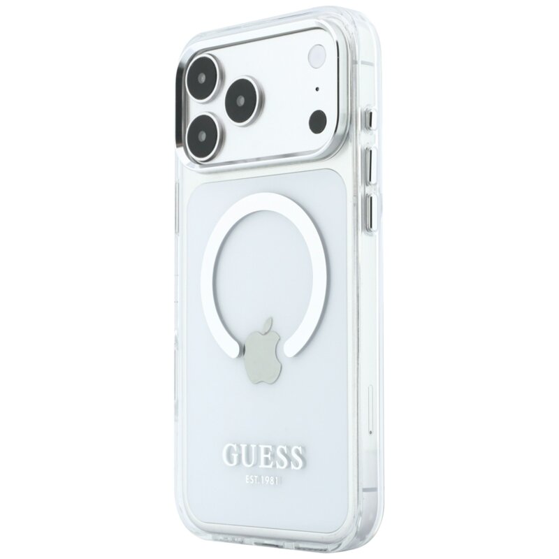 Husa iPhone 17 Pro Max originala Guess Metal Outline MagSafe, argintiu, GUHMP18XHTRMS