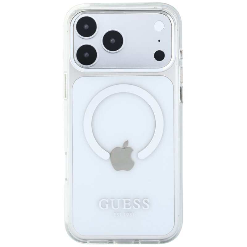 Husa iPhone 17 Pro Max originala Guess Metal Outline MagSafe, argintiu, GUHMP18XHTRMS