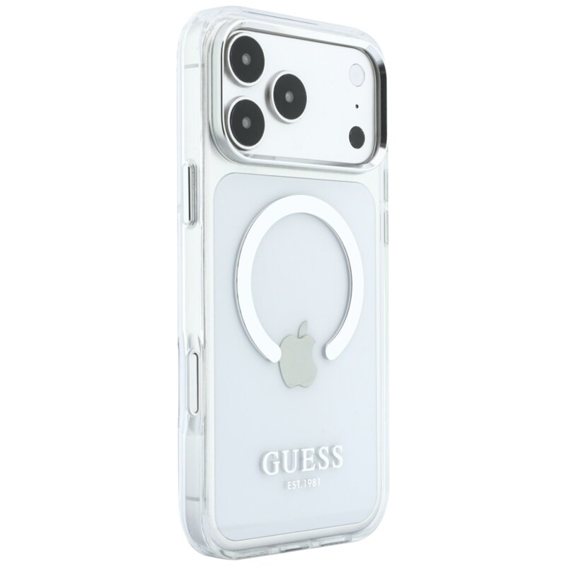 Husa iPhone 17 Pro Max originala Guess Metal Outline MagSafe, argintiu, GUHMP18XHTRMS