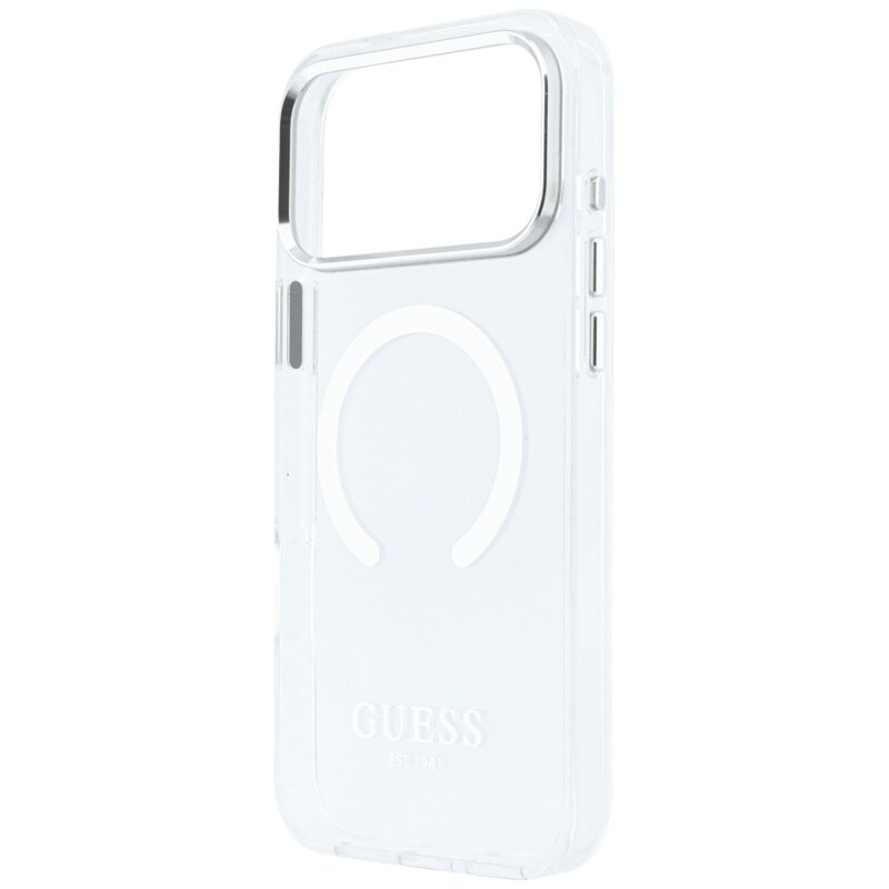Husa iPhone 17 Pro Max originala Guess Metal Outline MagSafe, argintiu, GUHMP18XHTRMS
