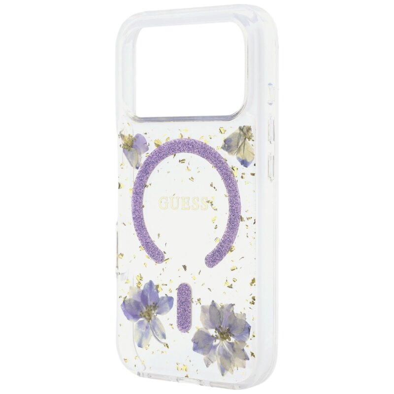 Husa Guess iPhone 18 Pro Resin Flowers and Glitter MagSafe, mov, GUHMP18LRBFGFGMU
