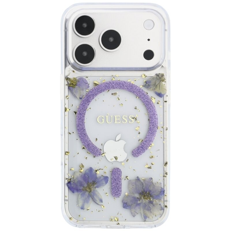 Husa Guess iPhone 17 Pro Resin Flowers and Glitter MagSafe, mov, GUHMP18LRBFGFGMU