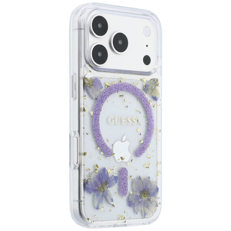 Husa Guess iPhone 18 Pro Max Resin Flowers and Glitter MagSafe, mov, GUHMP18XRBFGFGMU