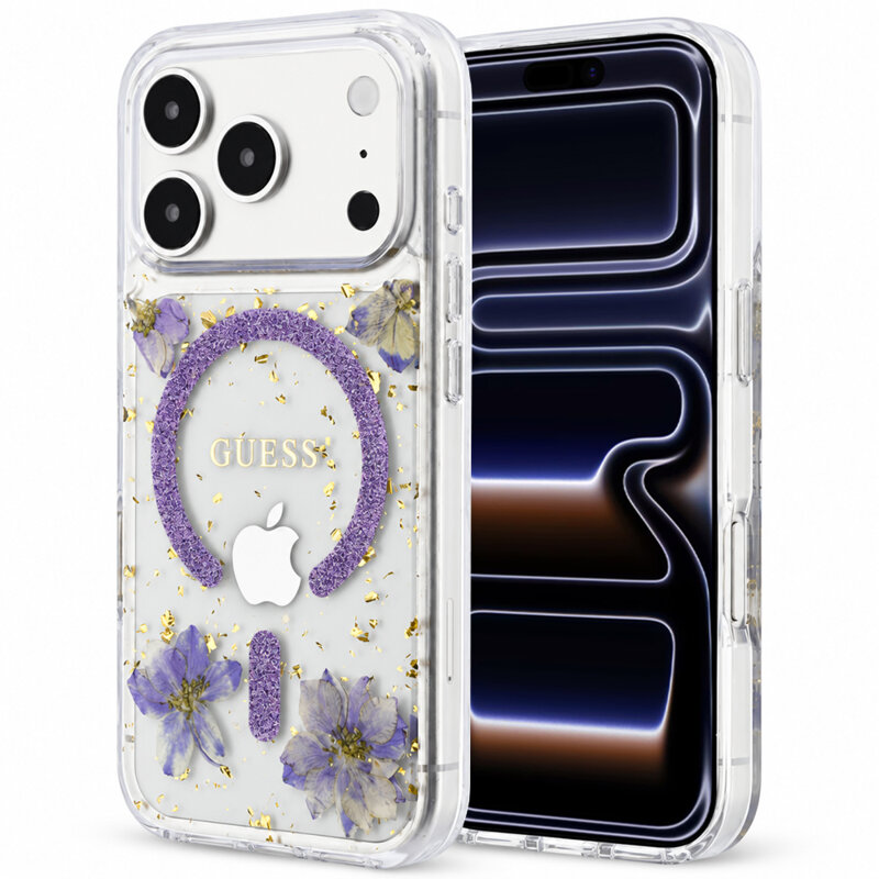 Husa Guess iPhone 17 Pro Resin Flowers and Glitter MagSafe, mov, GUHMP18LRBFGFGMU