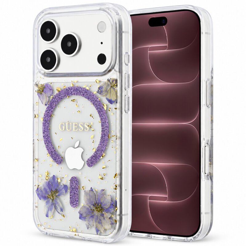 Husa Guess iPhone 18 Pro Max Resin Flowers and Glitter MagSafe, mov, GUHMP18XRBFGFGMU
