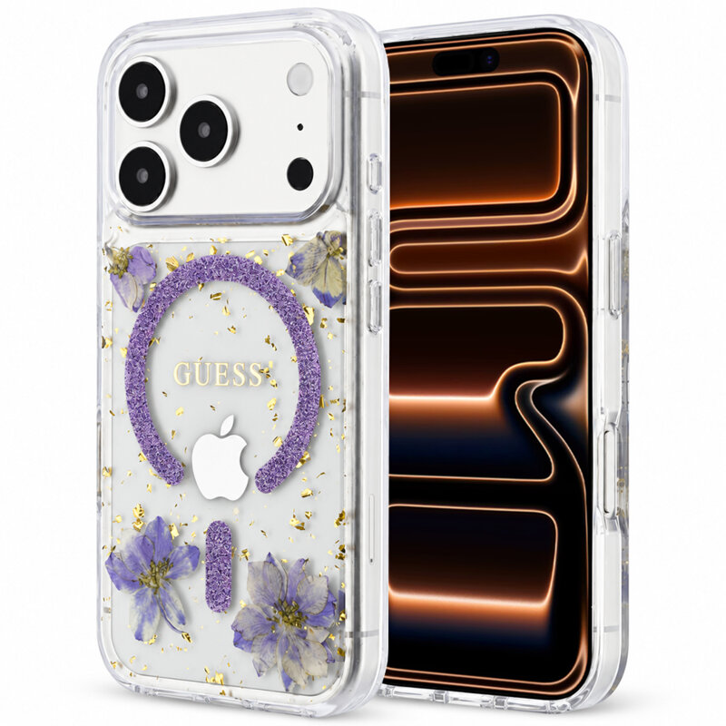 Husa Guess iPhone 17 Pro Max Resin Flowers and Glitter MagSafe, mov, GUHMP18XRBFGFGMU
