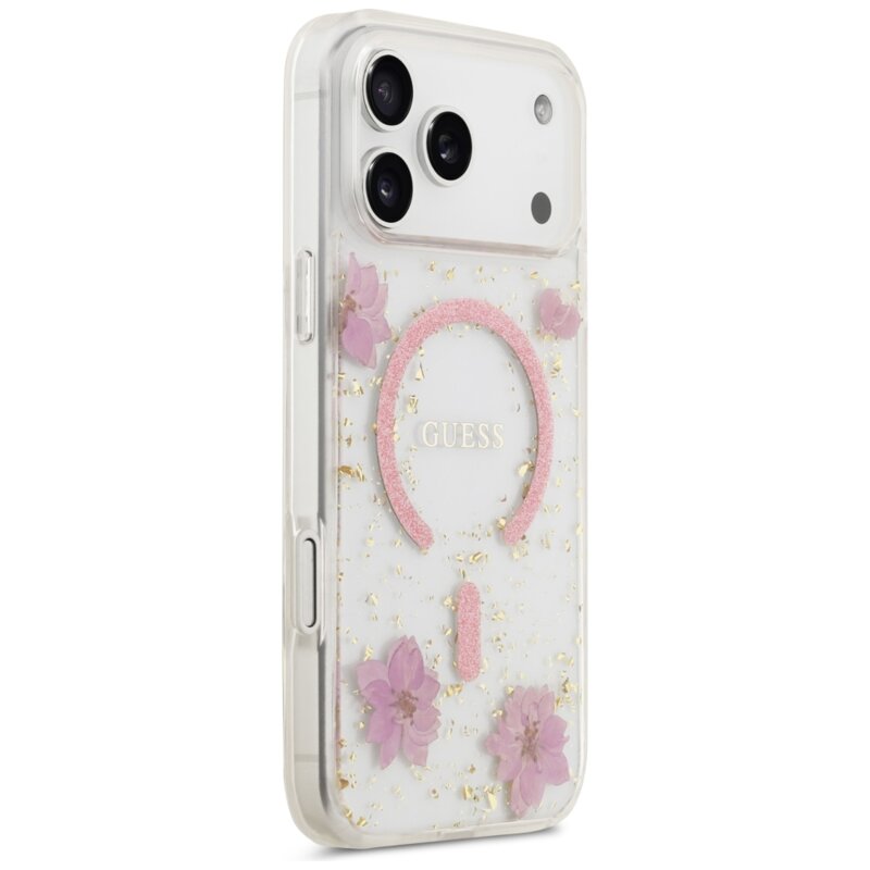 Husa Guess iPhone 18 Pro Max Resin Flowers and Glitter MagSafe, roz, GUHMP18XRBFGFGMP