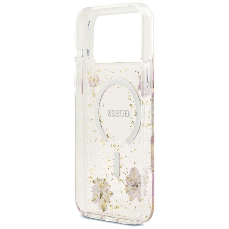 Husa Guess iPhone 18 Pro Max Resin Flowers and Glitter MagSafe, roz, GUHMP18XRBFGFGMP