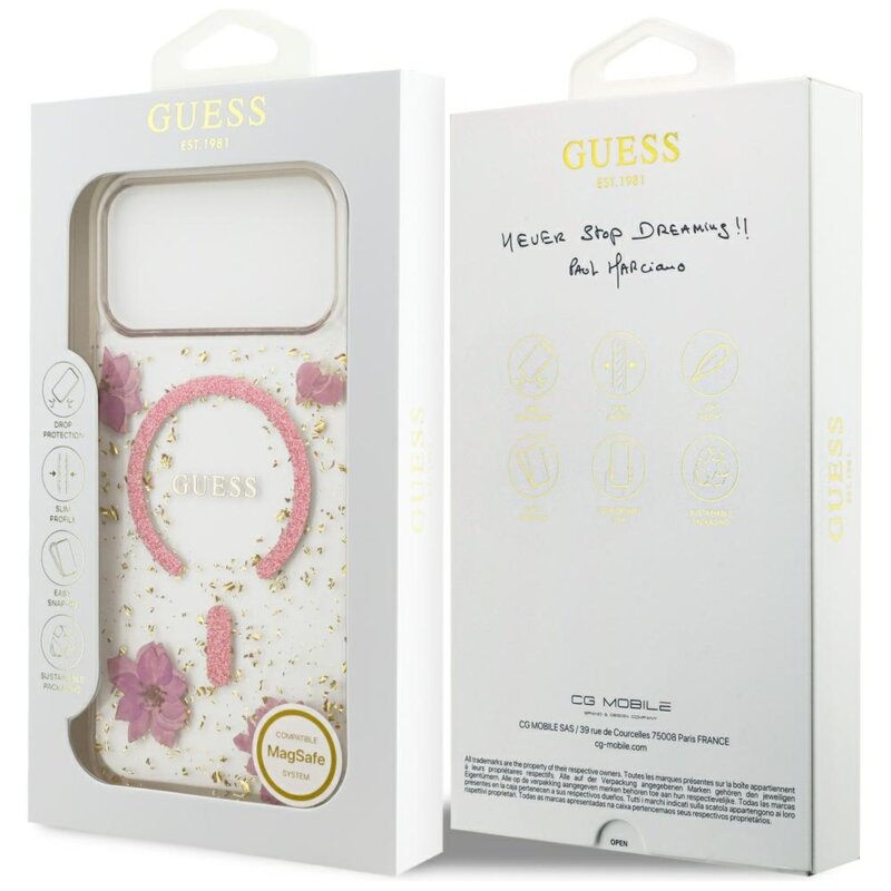 Husa Guess iPhone 18 Pro Max Resin Flowers and Glitter MagSafe, roz, GUHMP18XRBFGFGMP