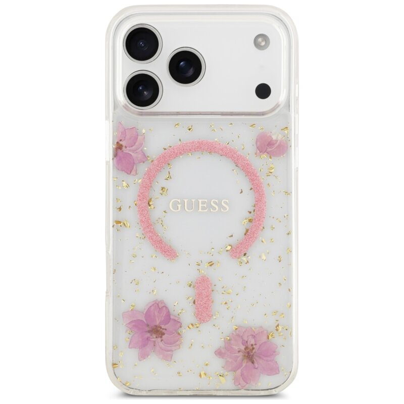 Husa Guess iPhone 17 Pro Max Resin Flowers and Glitter MagSafe, roz, GUHMP18XRBFGFGMP
